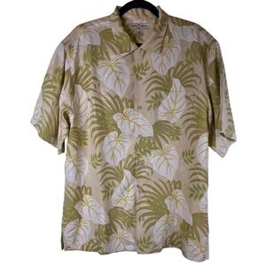 Tommy Bahama Men's Silk Tropical Leaf Print Short Sleeve Button Down Shirt Tan M